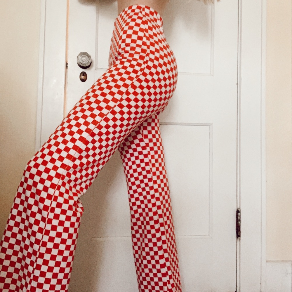 Checkered flare pants.